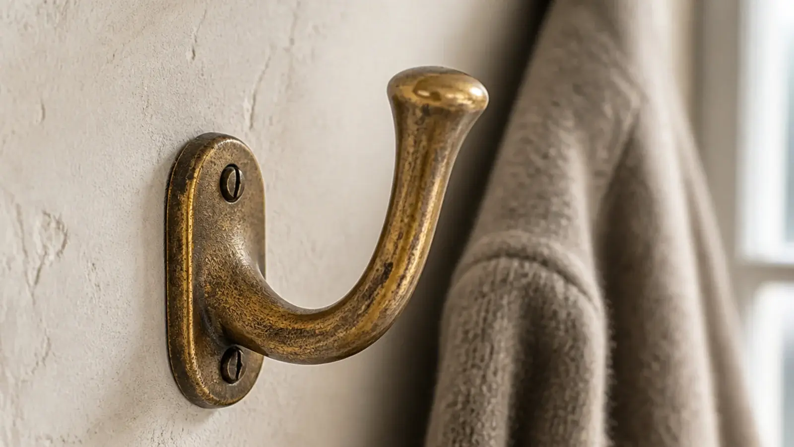 unlacquered brass entryway hook showing a warm aged patina close up