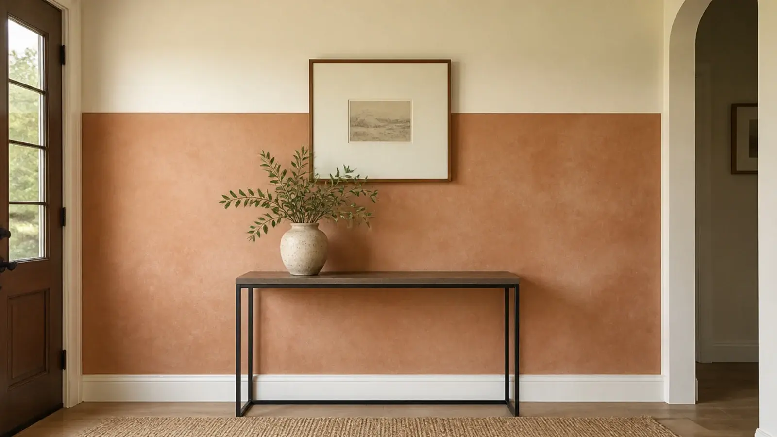limewash textured paint block in warm clay behind an entry console
