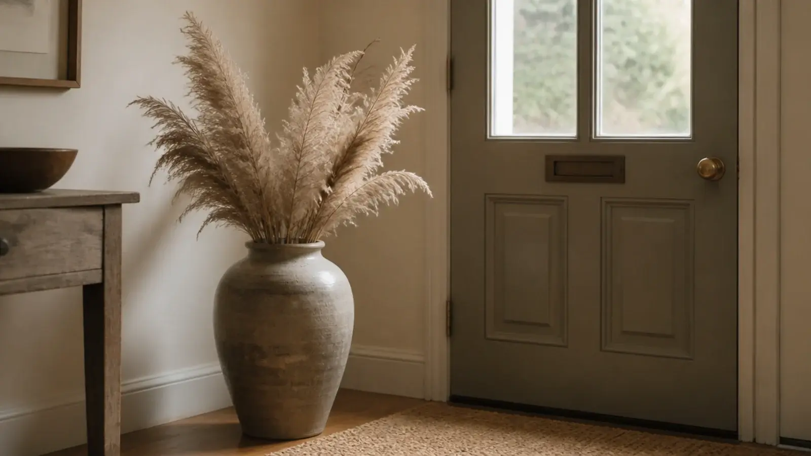 tall stoneware floor vase of pampas grass beside an entryway door