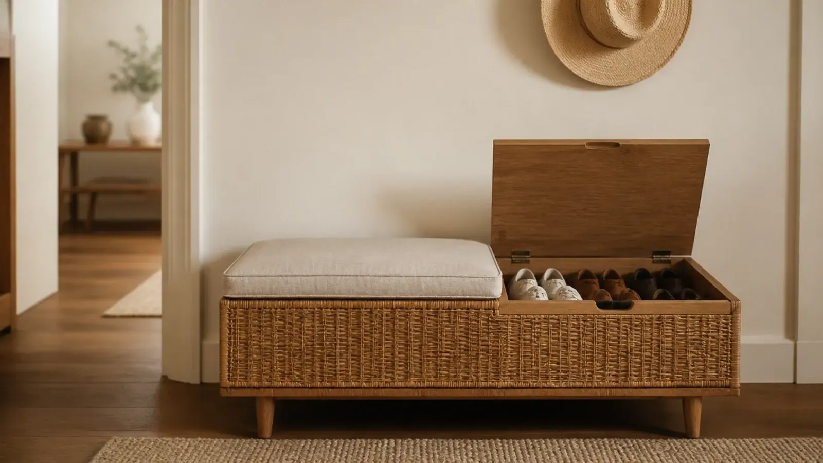 rattan storage bench with shoes tucked into the base in an entryway