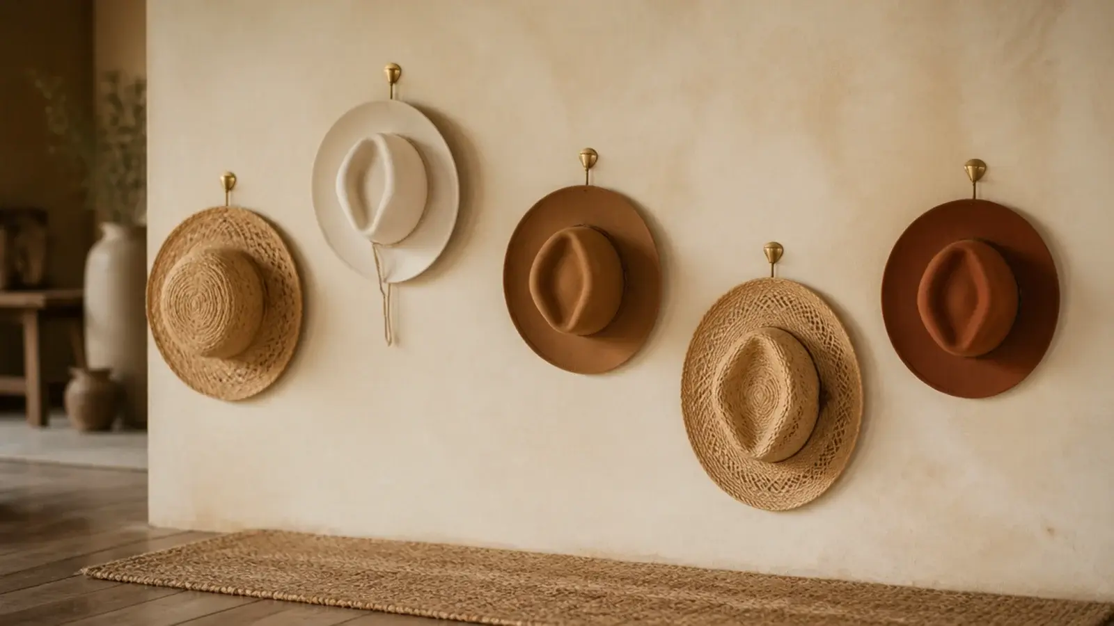 straw and felt hats arranged loosely on a boho entryway wall