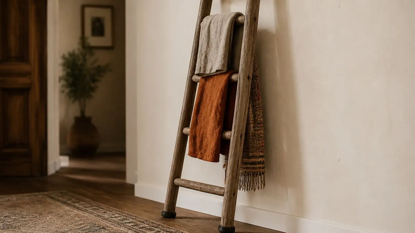 leaning wooden ladder draped with linen throws in an entry corner