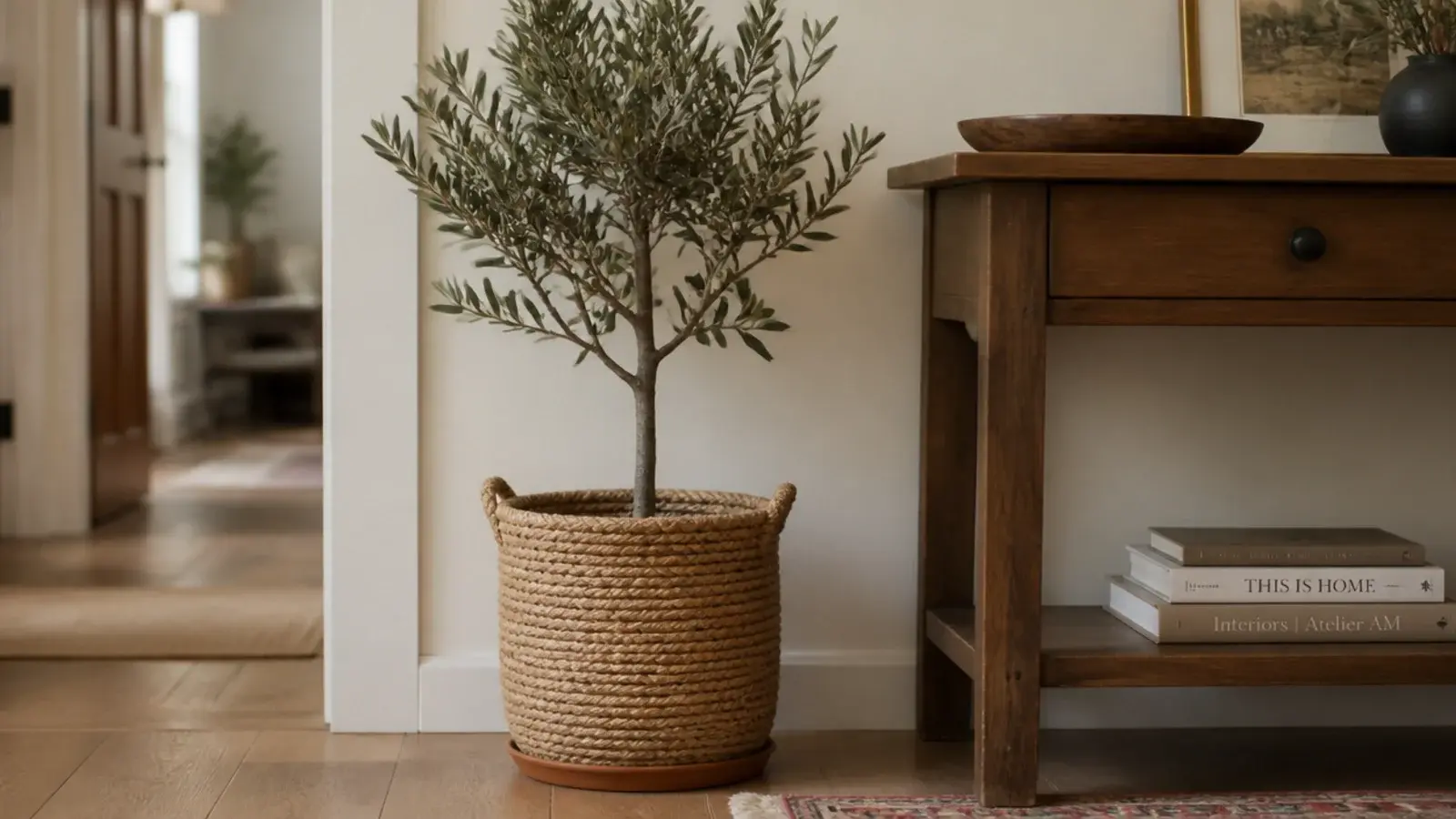 olive tree in a woven basket beside a boho entryway console table