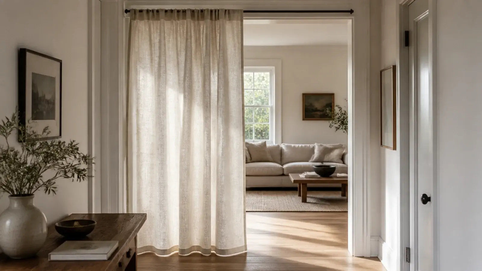 natural linen curtain hanging in an interior boho entryway doorway