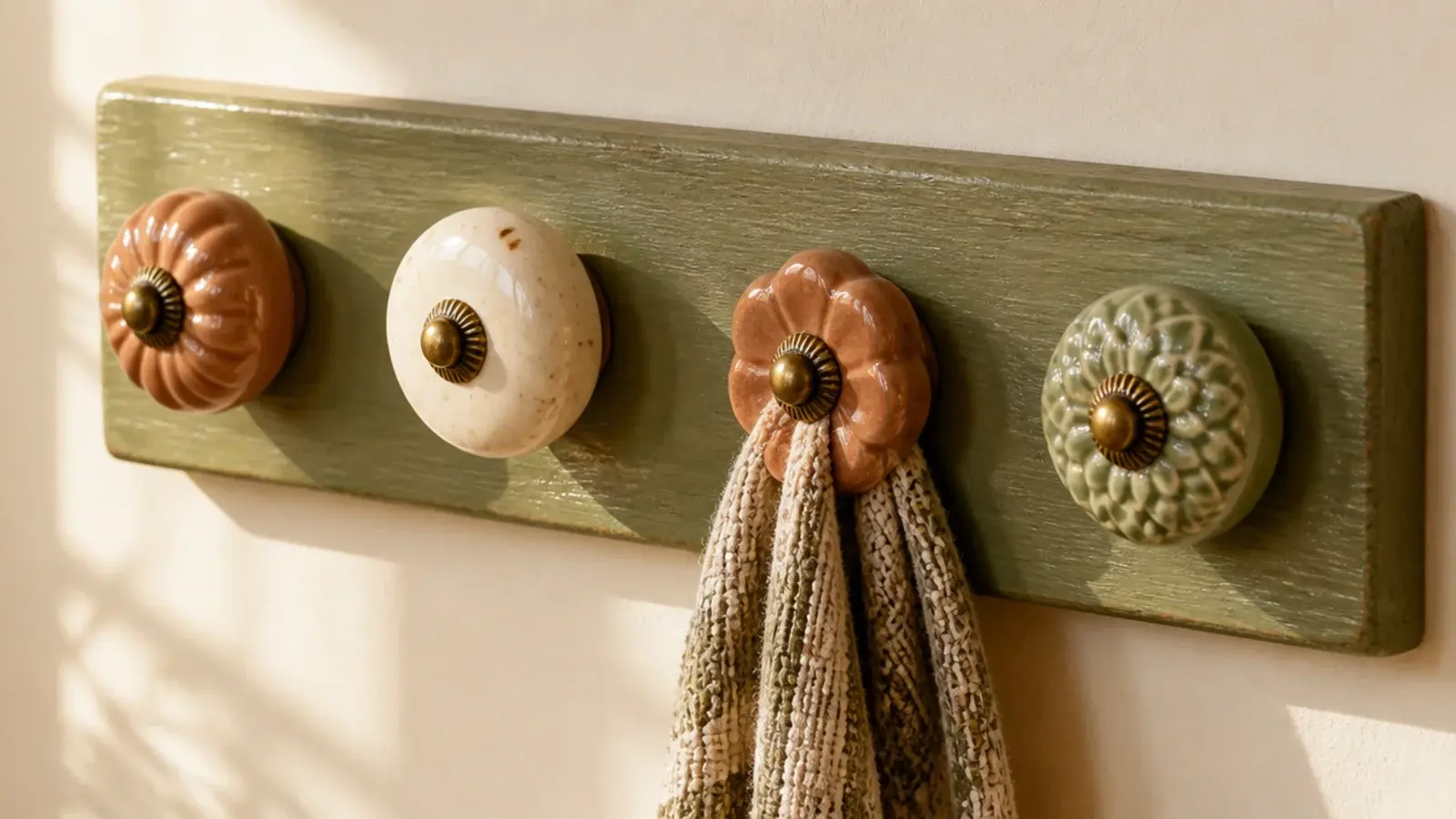 painted ceramic knobs mounted as hooks on a boho entryway board