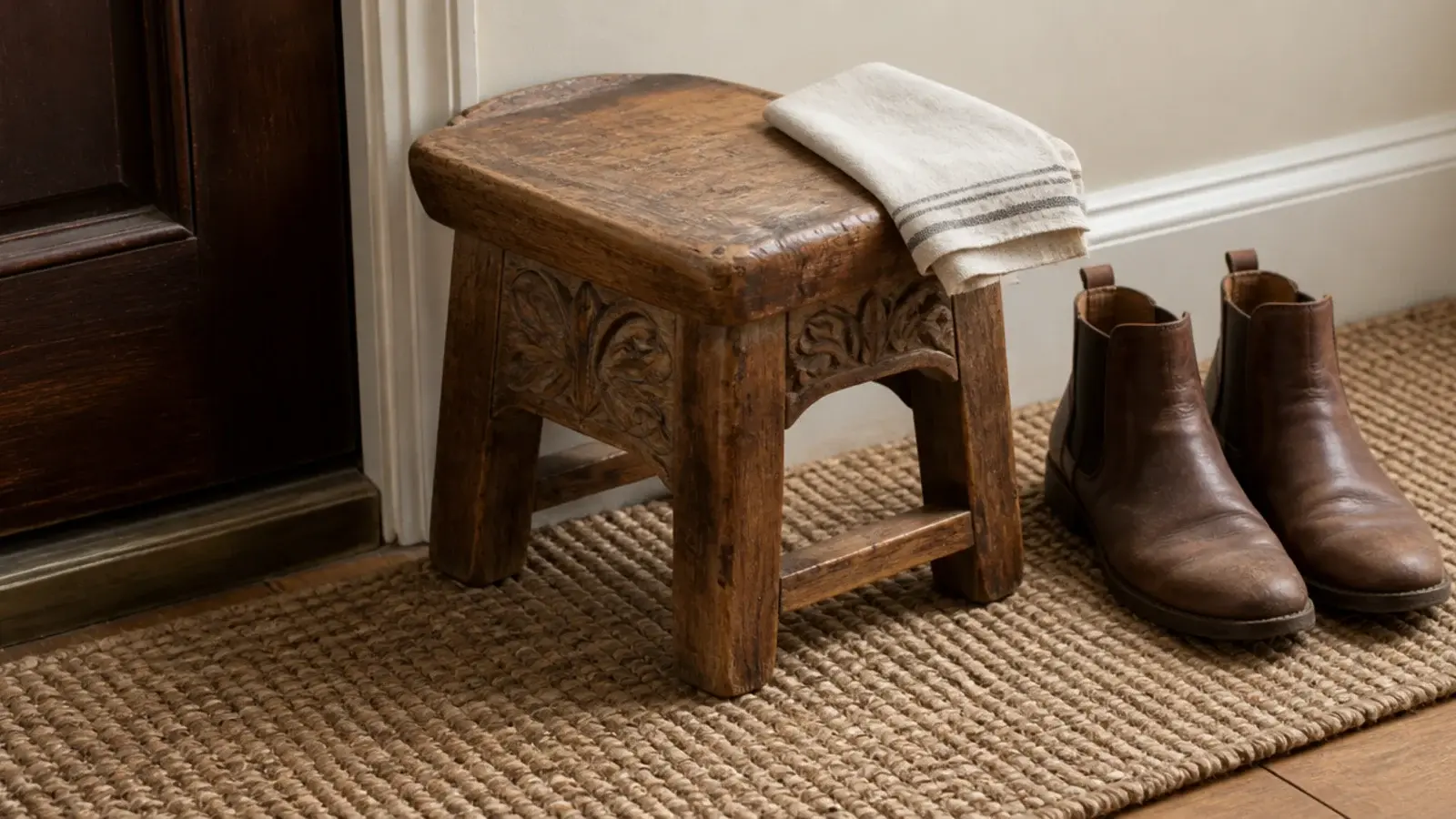 small carved wooden stool beside an entry door for pulling boots on