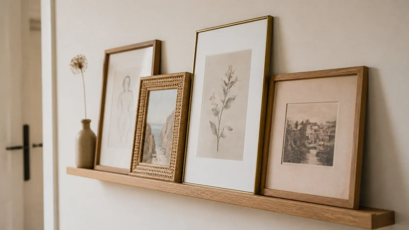 leaning framed art in mixed wood frames on a boho entryway ledge