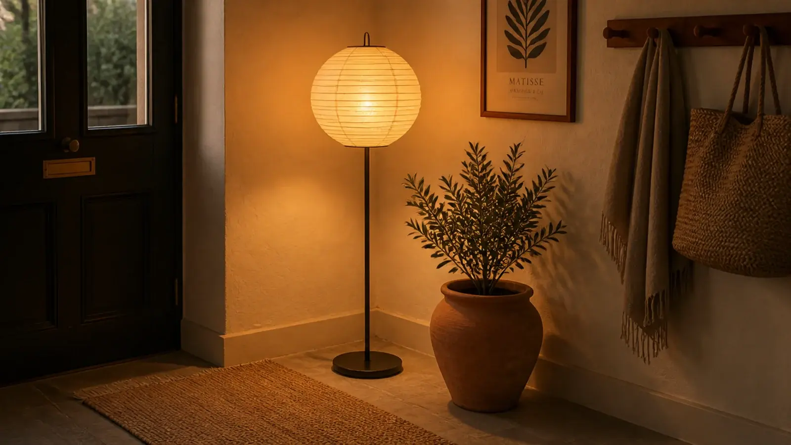 paper lantern shade casting warm light in a boho entryway corner