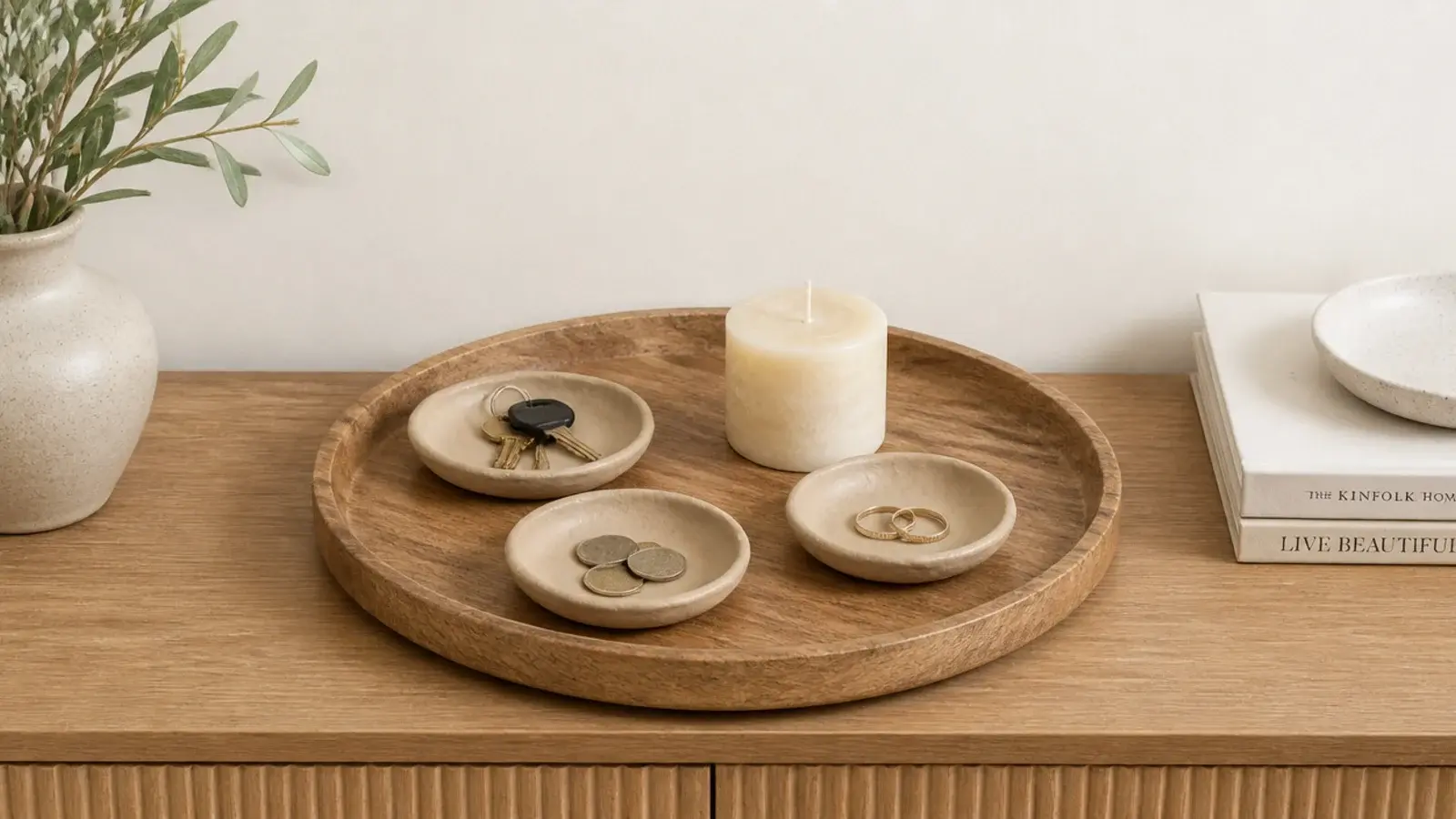 wooden tray holding small clay dishes for keys on an entry console