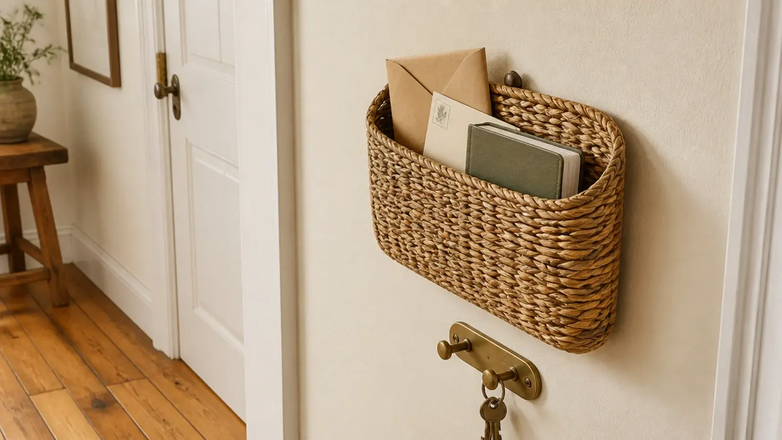 flat woven seagrass wall basket holding post beside an entry door