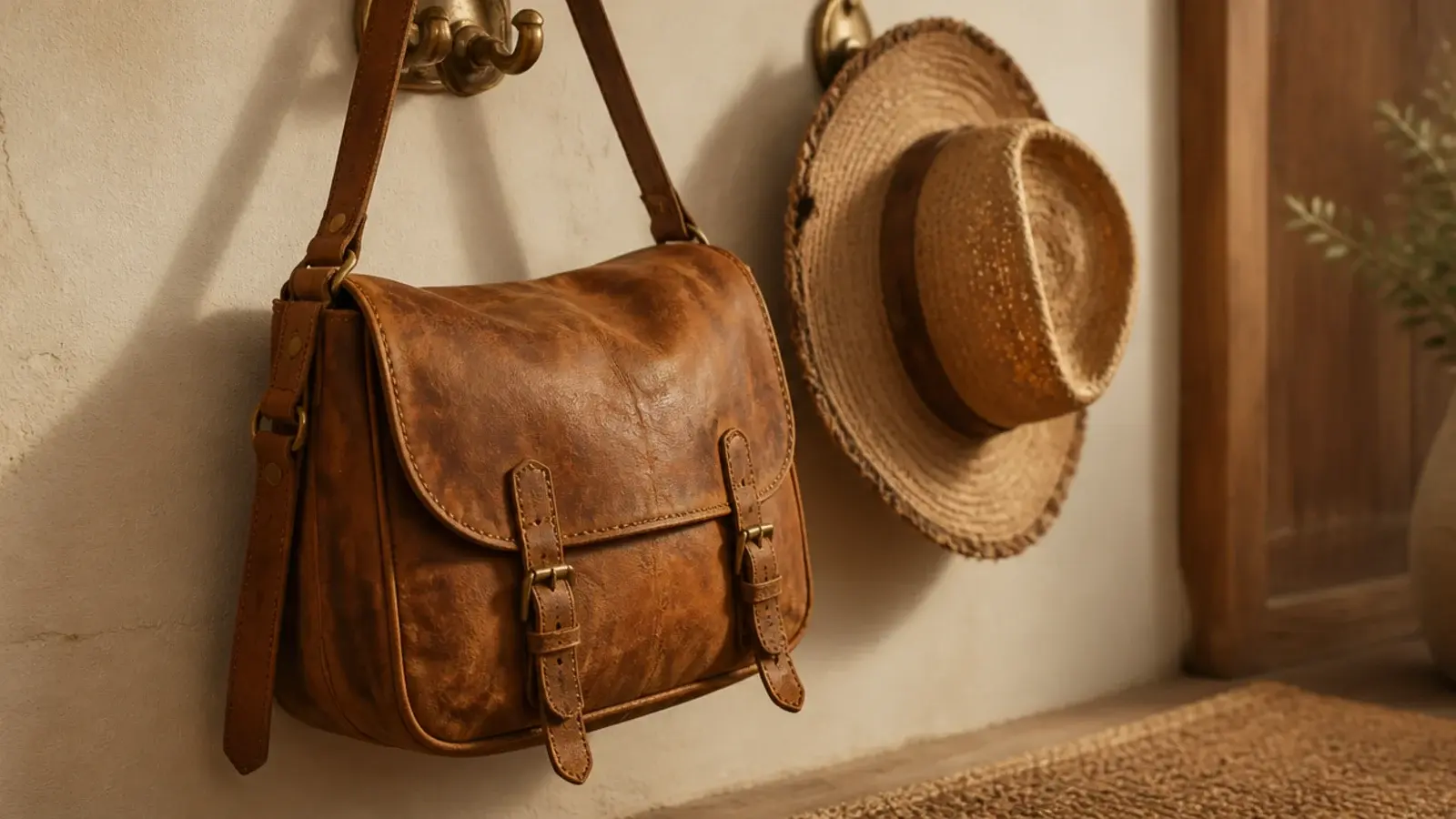 well worn leather bag and straw hat on hooks in a boho entryway