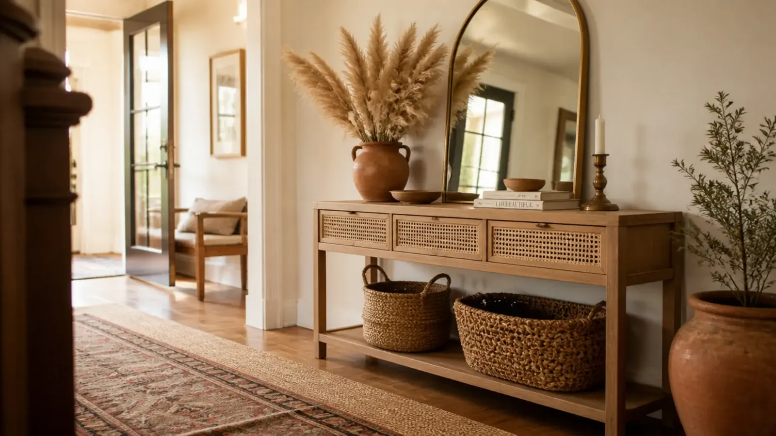 boho entryway with a cane console arched mirror and layered jute runner
