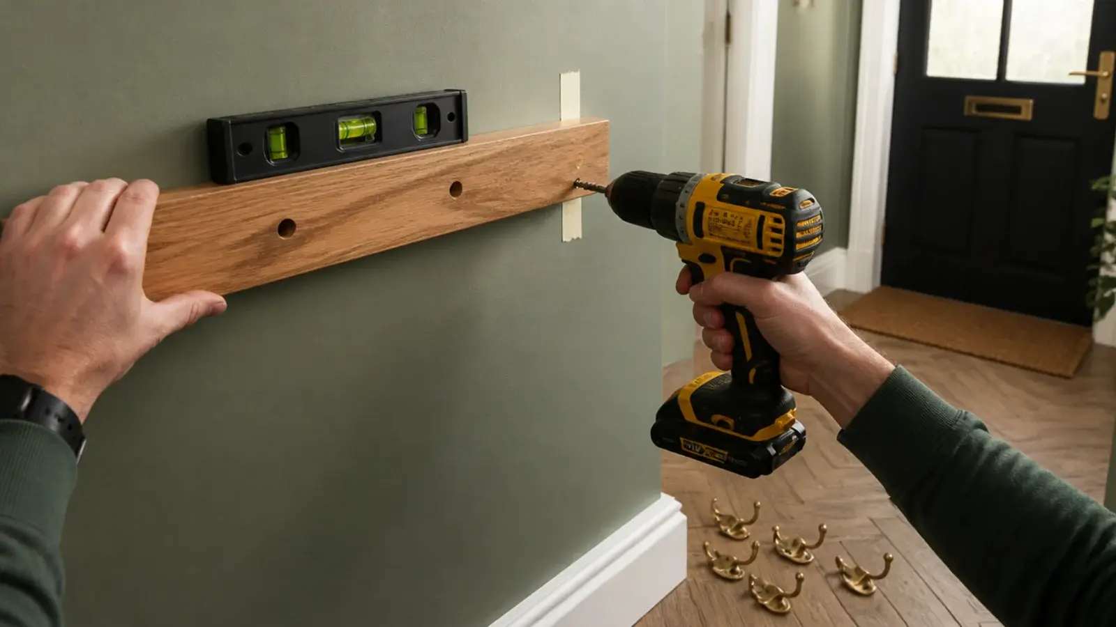 oak coat rail being levelled and screwed to an entryway wall
