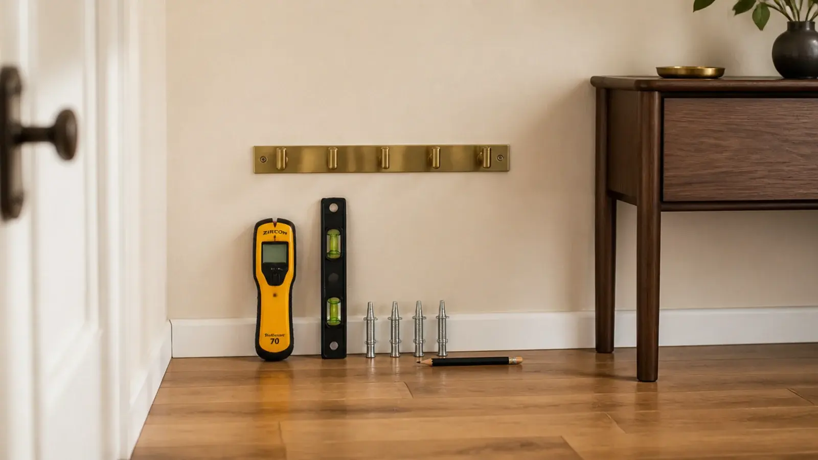 diy entryway decor tools laid beside a freshly painted console and brass hooks