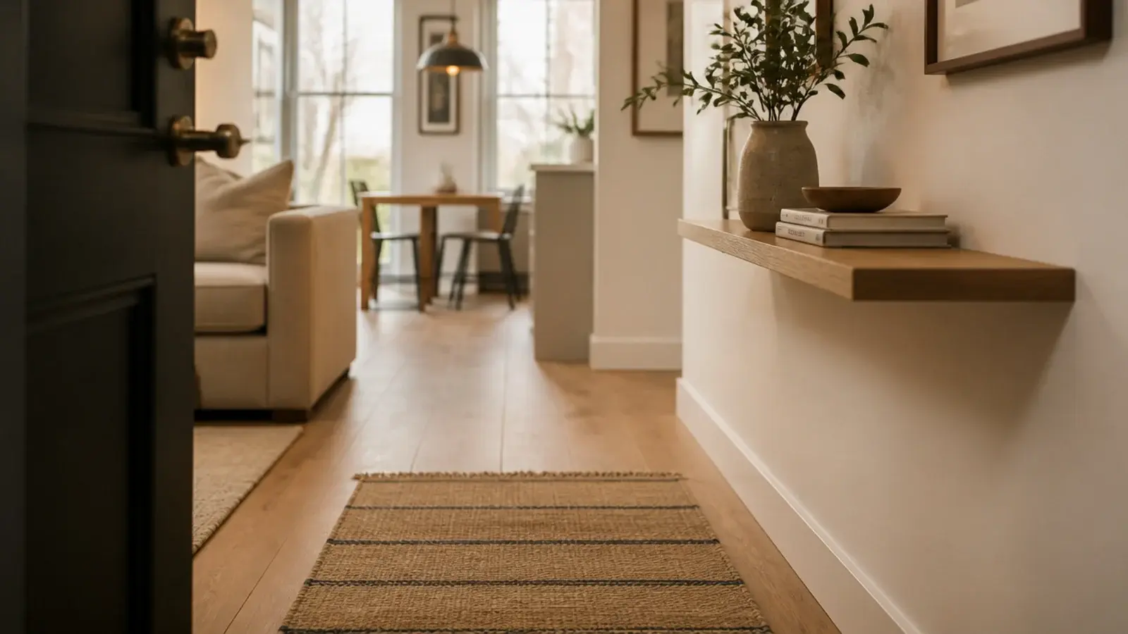 apartment entry zone defined by a runner and floating shelf near a sofa
