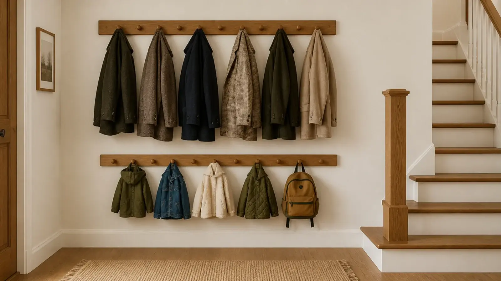 two rows of hooks holding adult and child coats beside a staircase