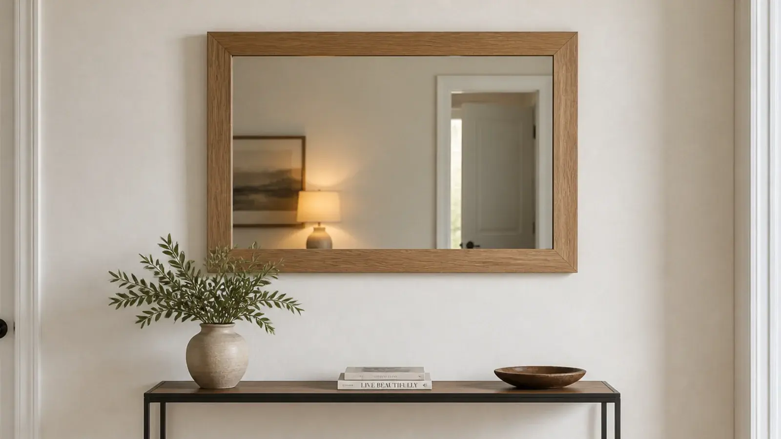 entry mirror rehung at eye level above a console showing a clear gap