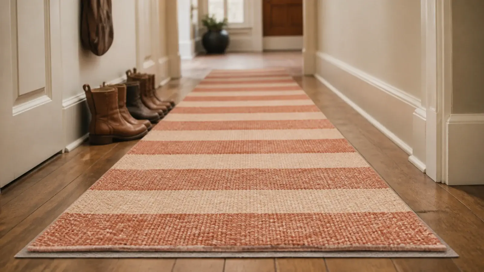 flat weave washable runner replacing worn pile in an entry hallway