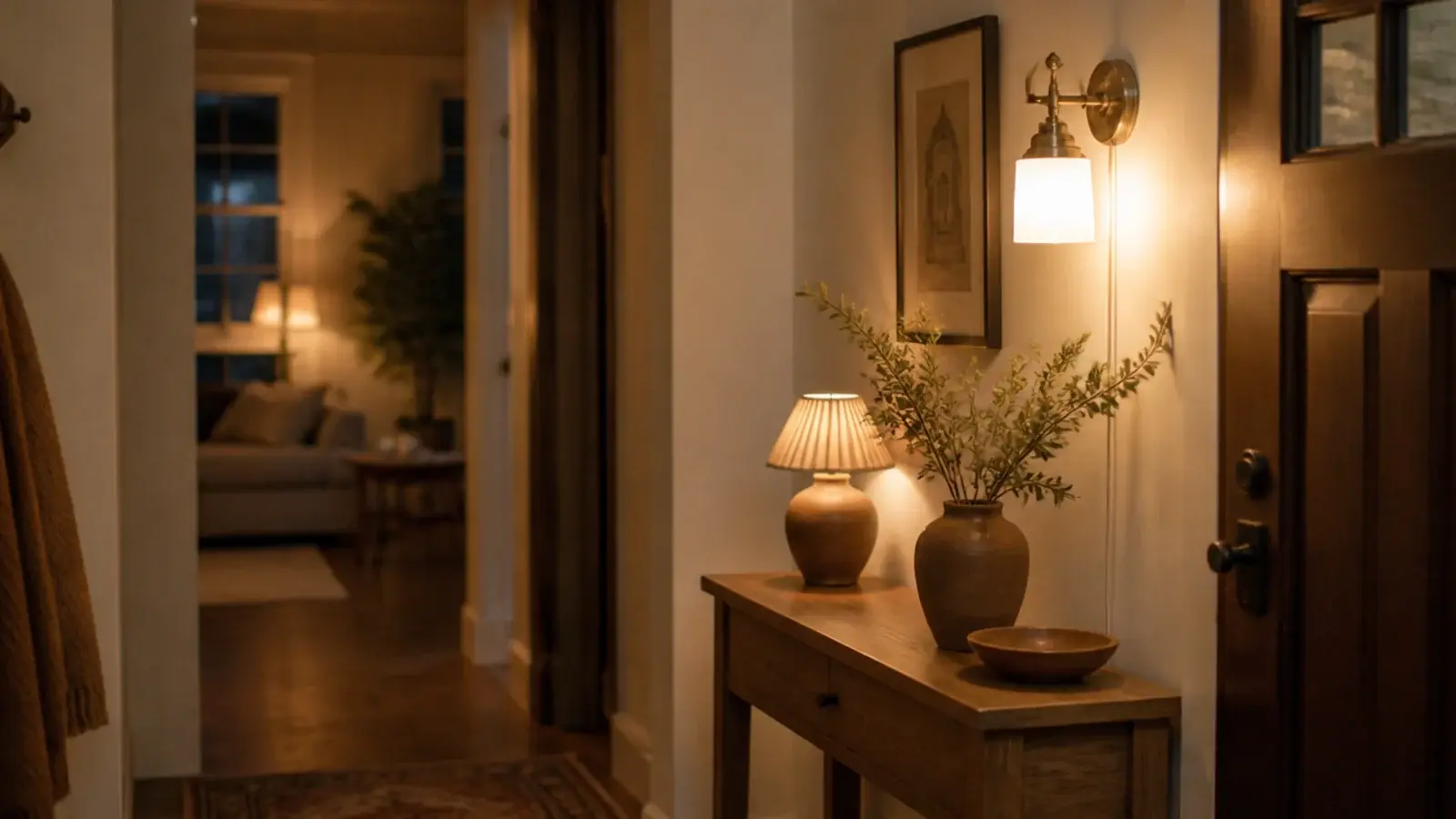 warm sconce and lamp layering light in a previously dim entry hall