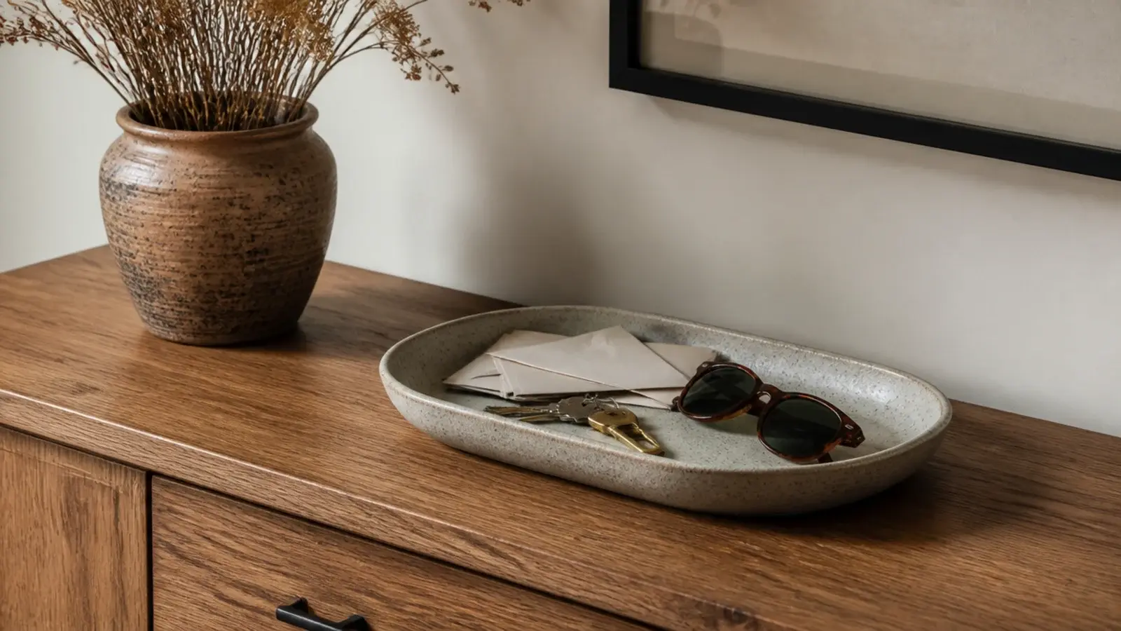 single stoneware tray containing keys and post on a tidy console