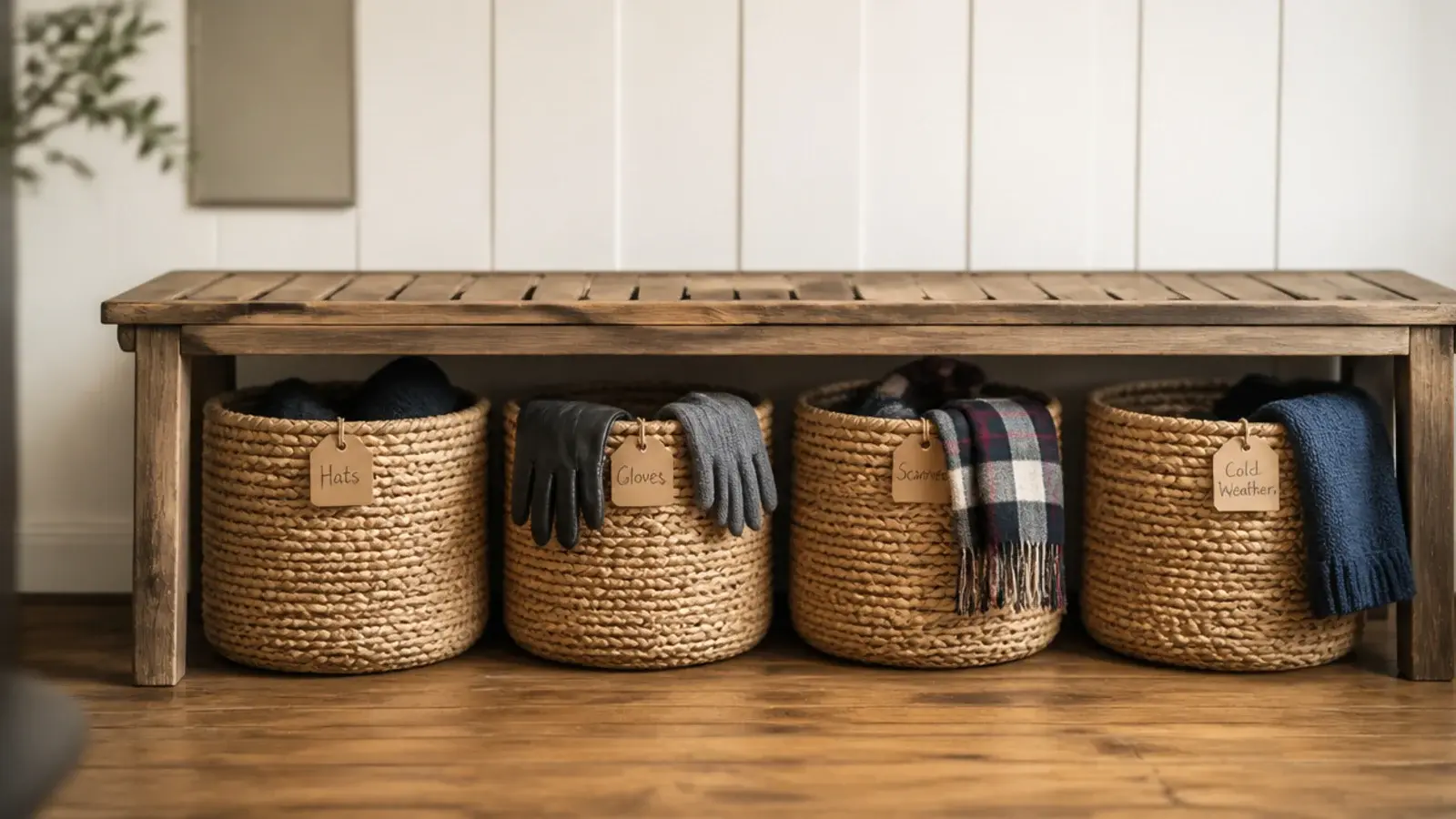 four named woven baskets under a bench each holding one persons things