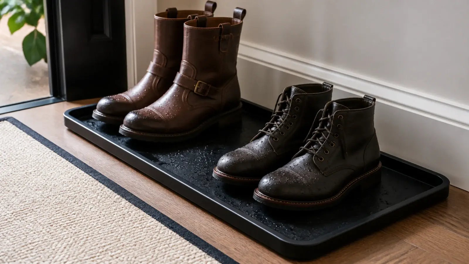 raised lip boot tray holding wet boots beside an entryway runner