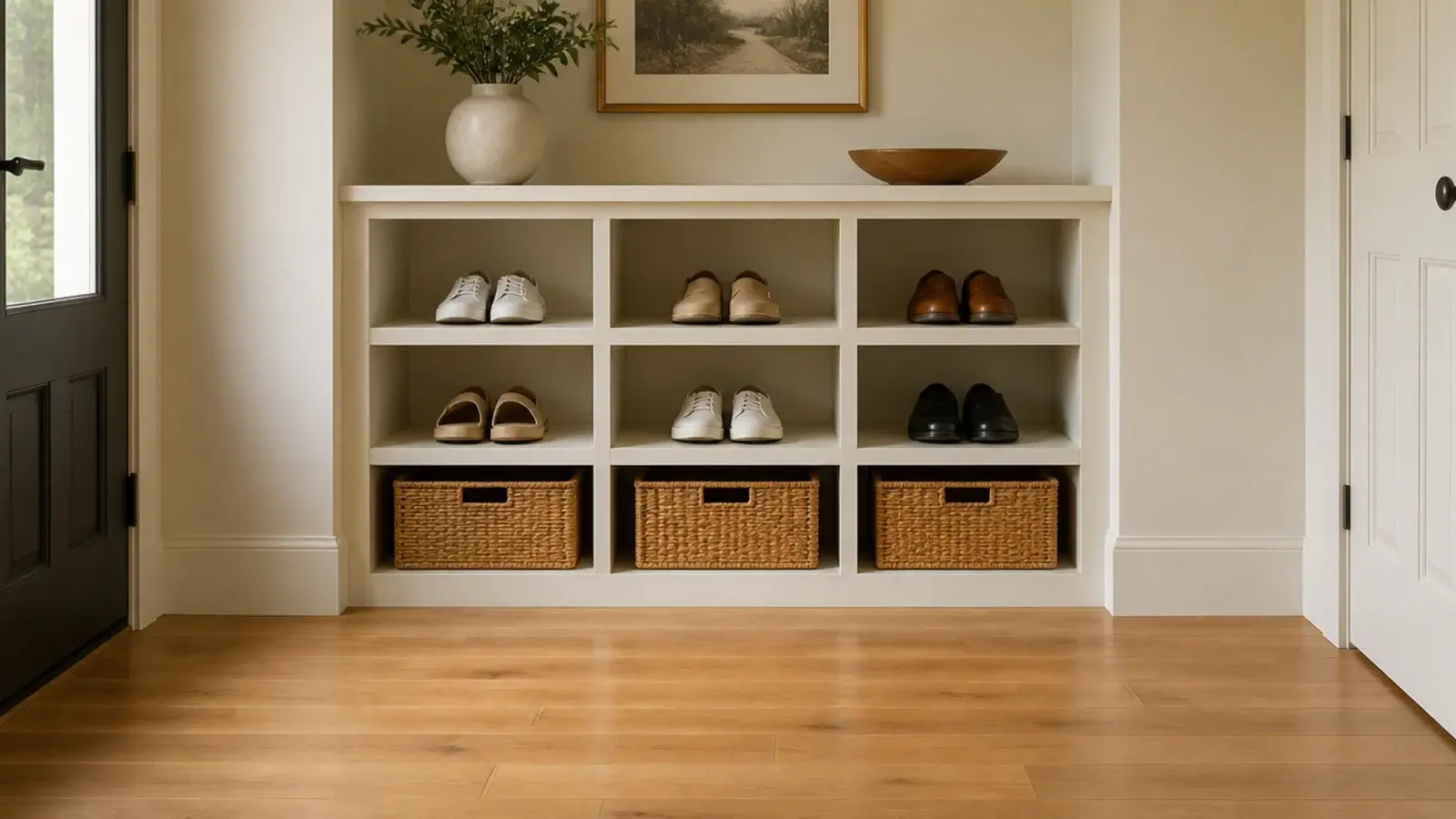 open cubby unit holding shoes where a closed cabinet once stood