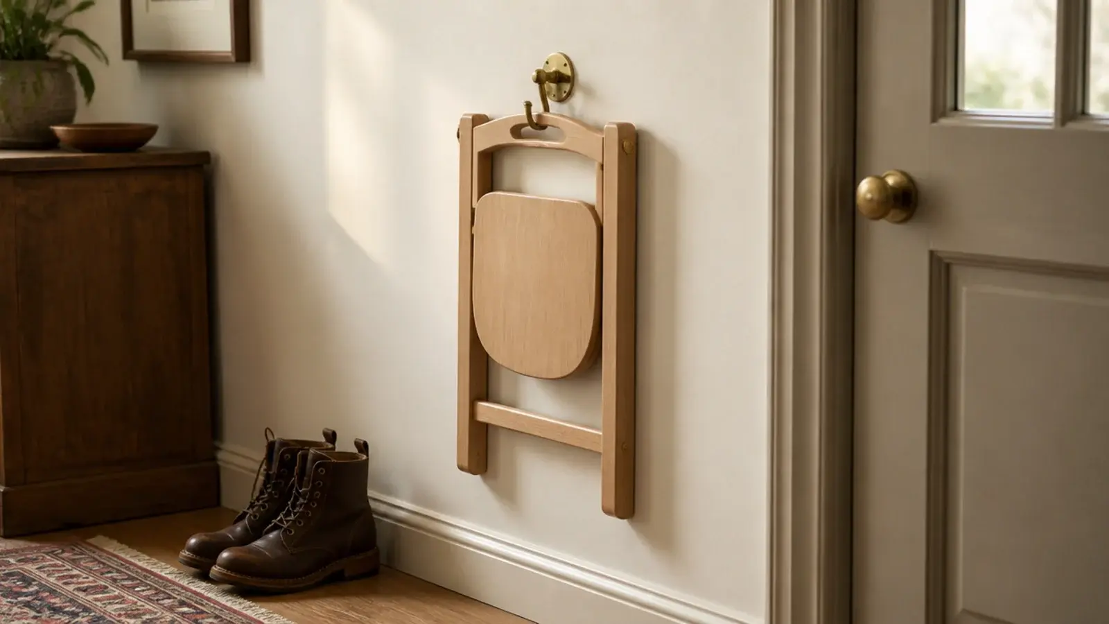 folding wooden stool hanging on a hook in a small entryway