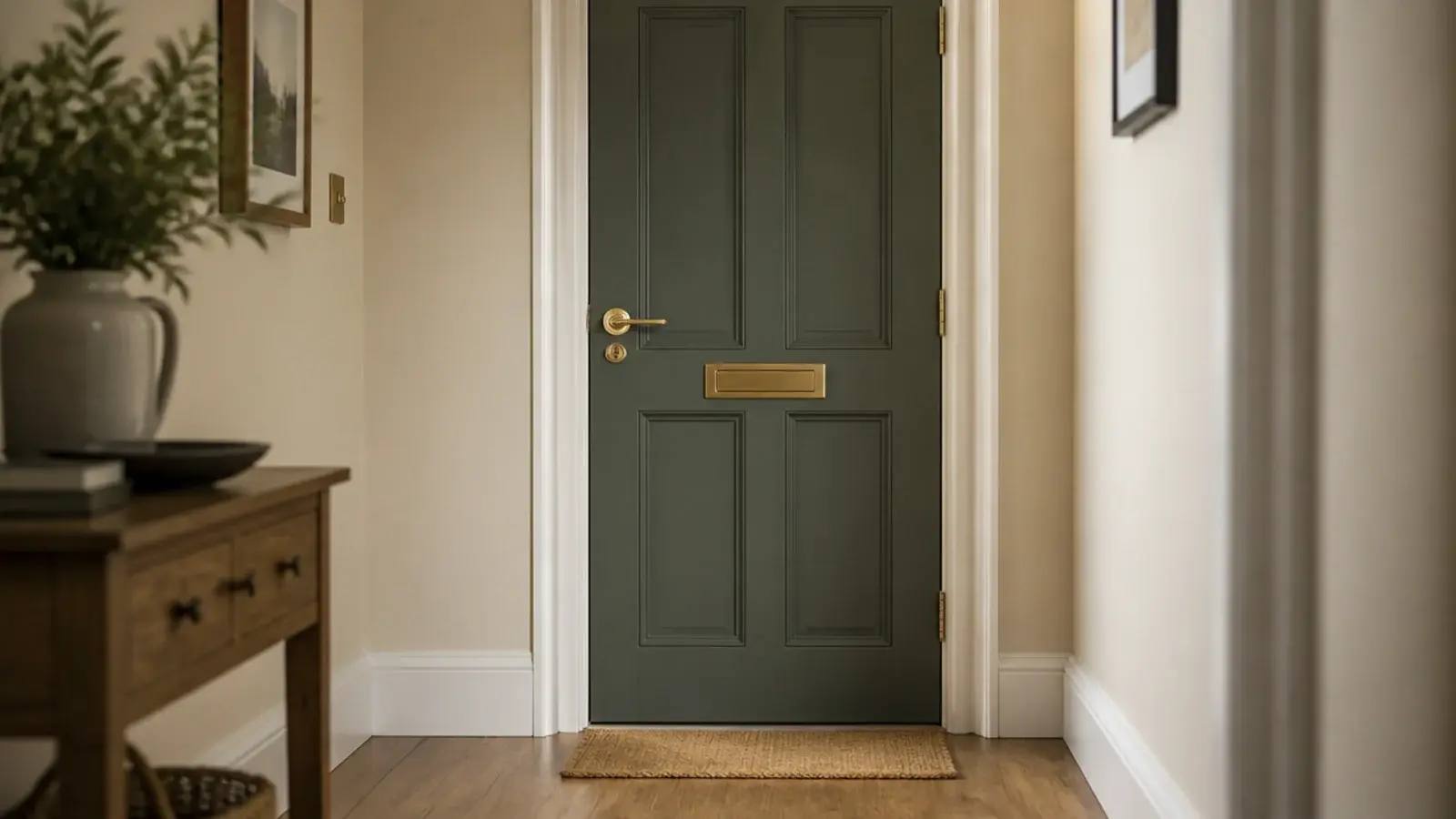 freshly painted entry door and crisp baseboard in a warm hallway