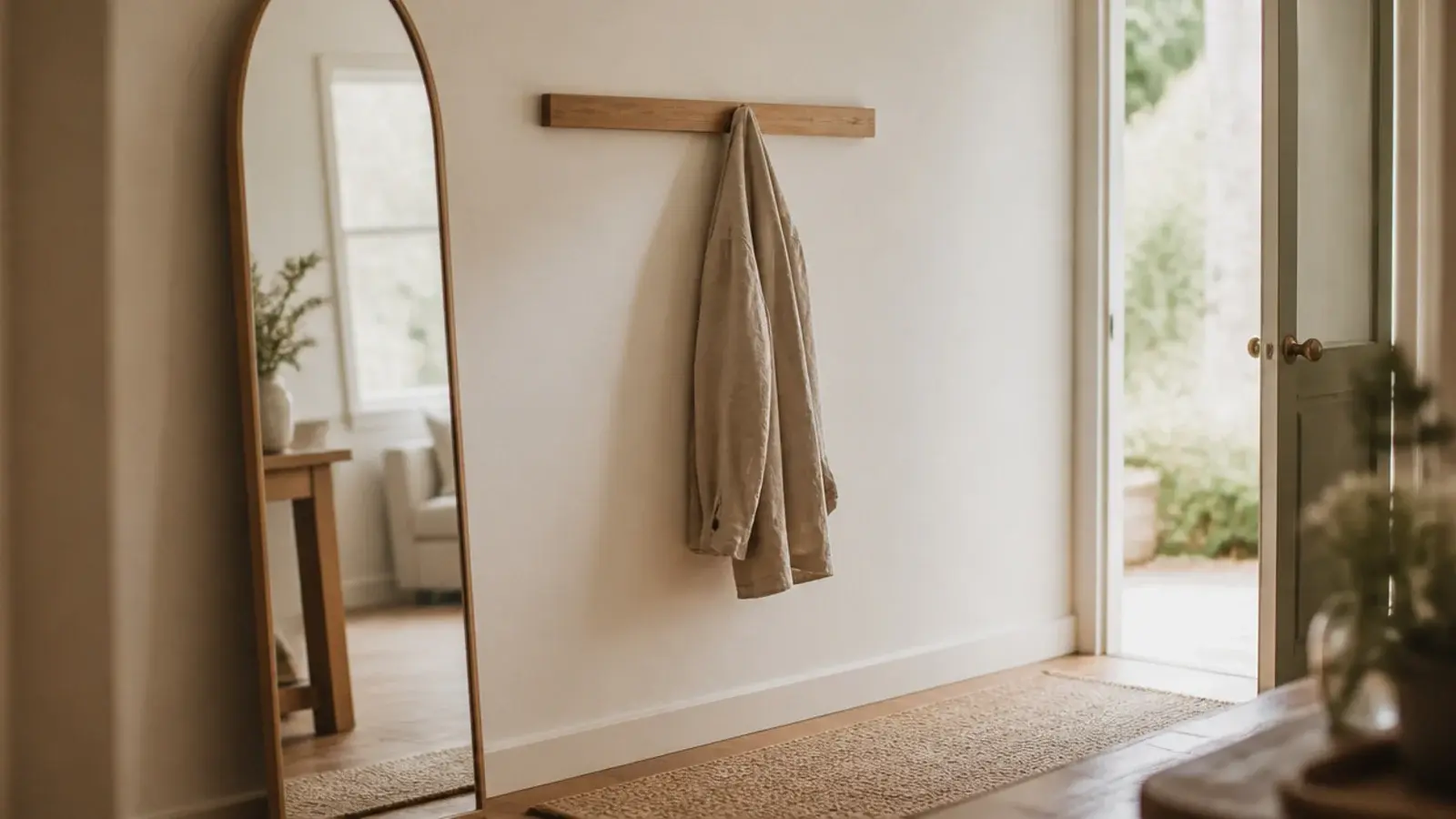 leaning mirror and adhesive hook rail in a rental entry with no holes