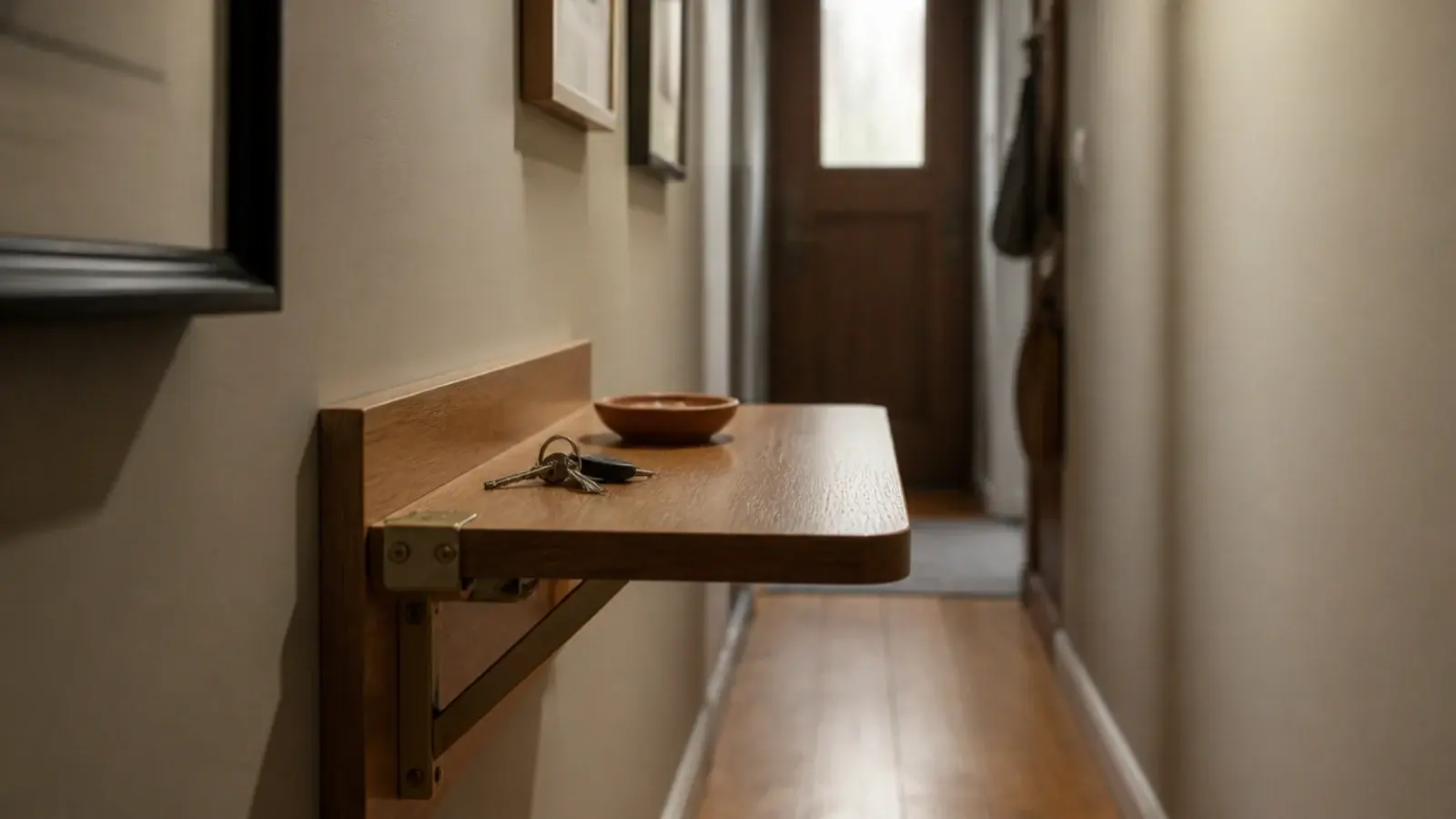wall mounted drop leaf shelf open in an extremely narrow entry hall