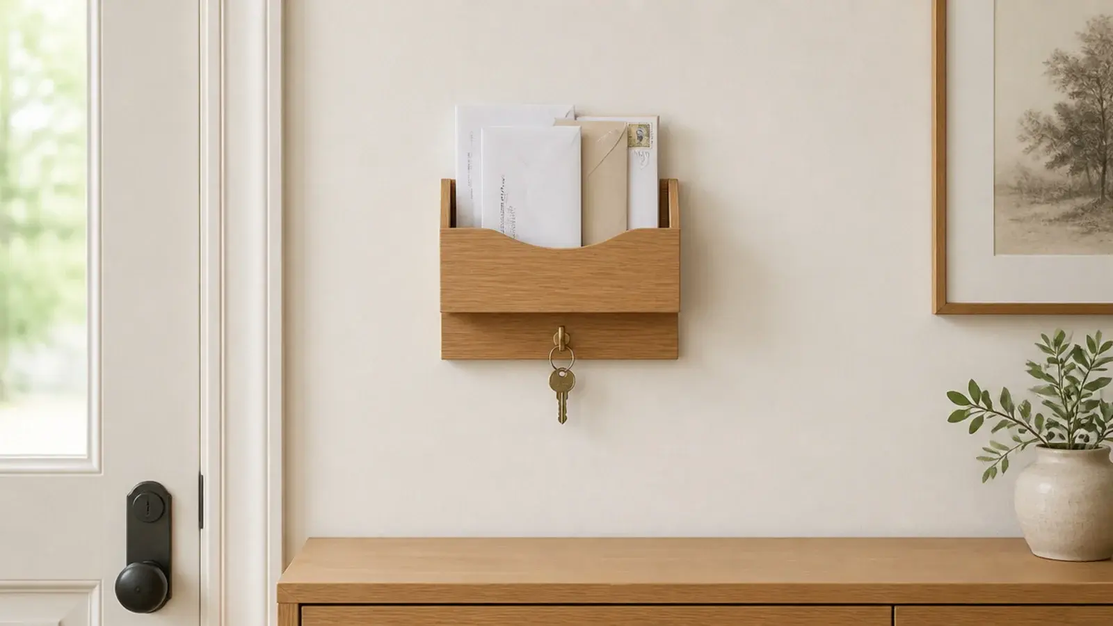 slim wall mounted mail rack holding post beside an entry door