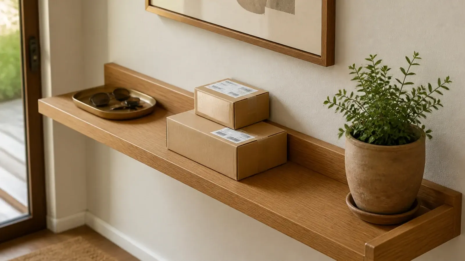 clear stretch of entry shelf kept empty for incoming parcel deliveries