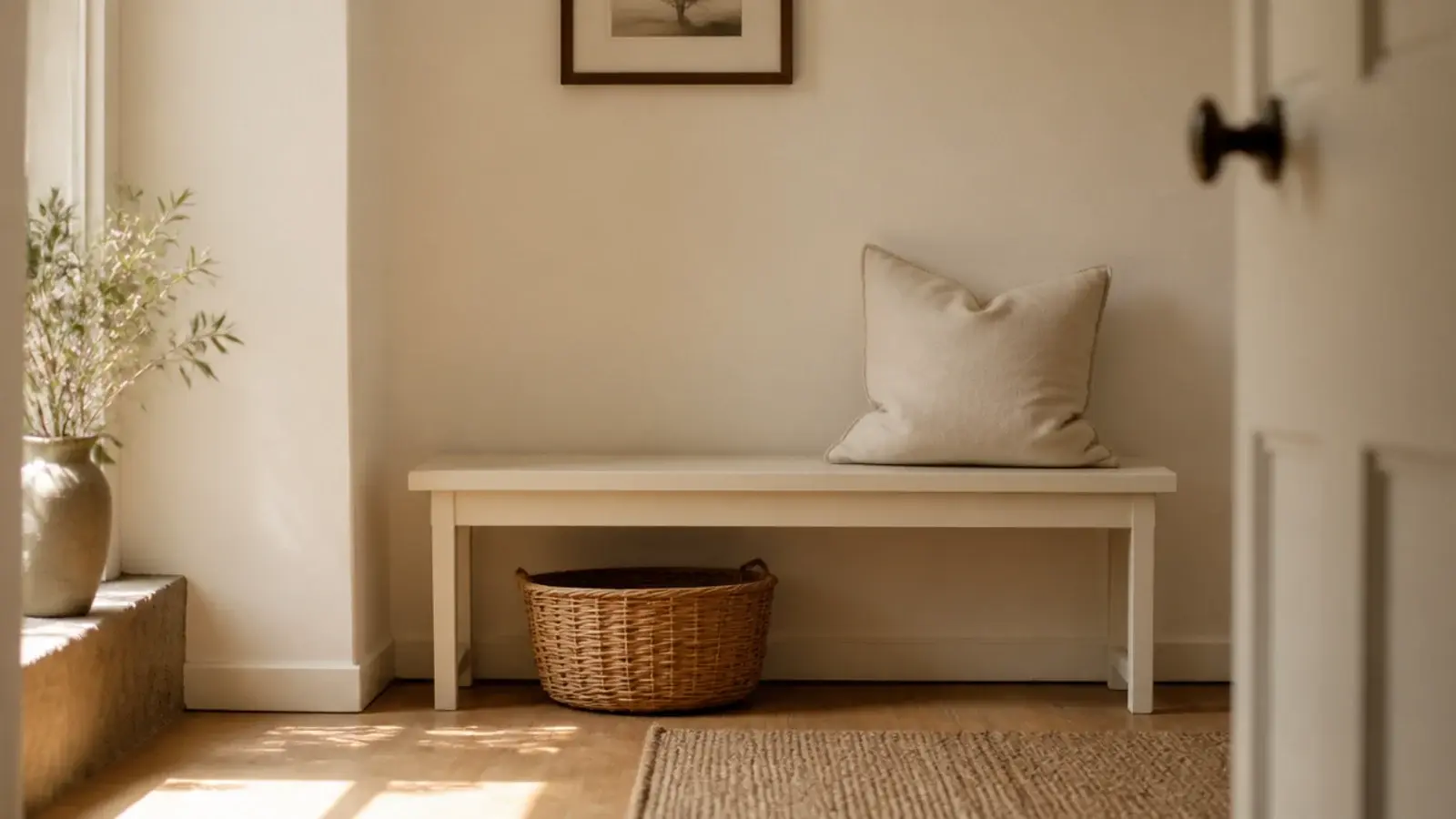 entry bench painted to match the wall so it visually recedes