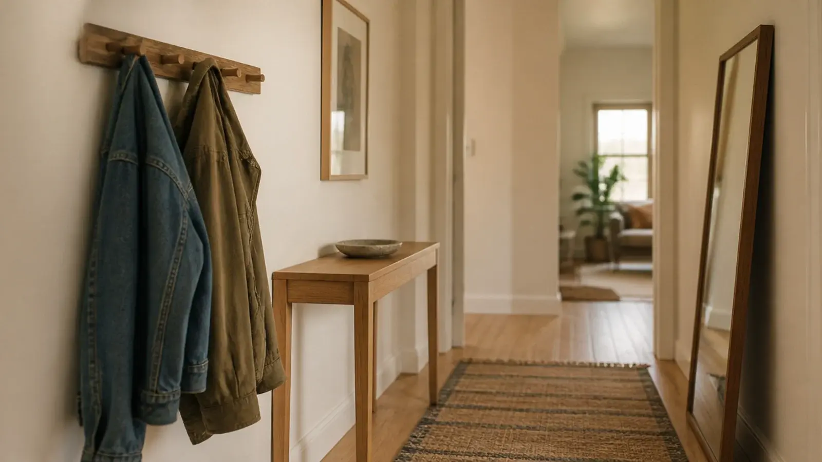 entryway before and after showing a cluttered hall turned calm and working