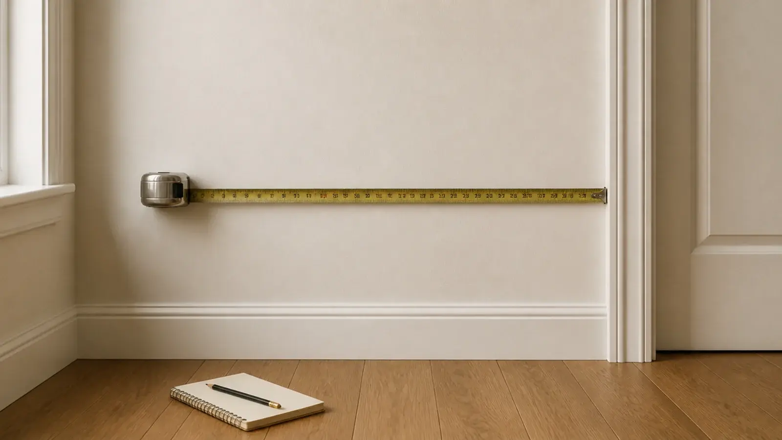 tape measure stretched across an empty entryway wall beside a doorframe