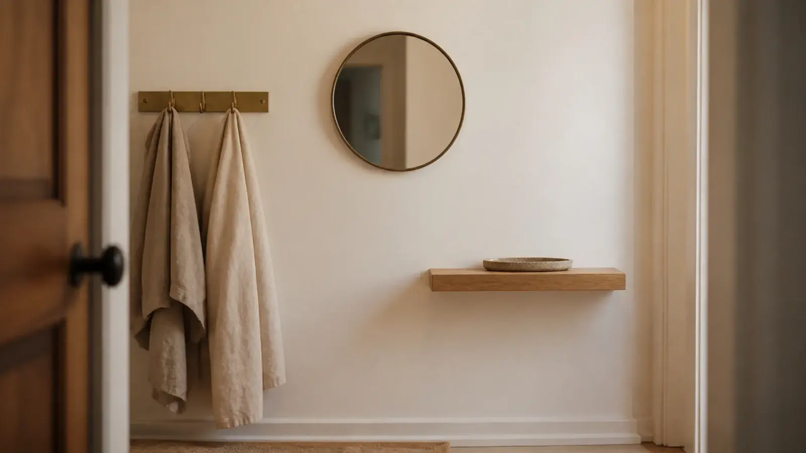 simple entryway with only hooks a small tray and a mirror
