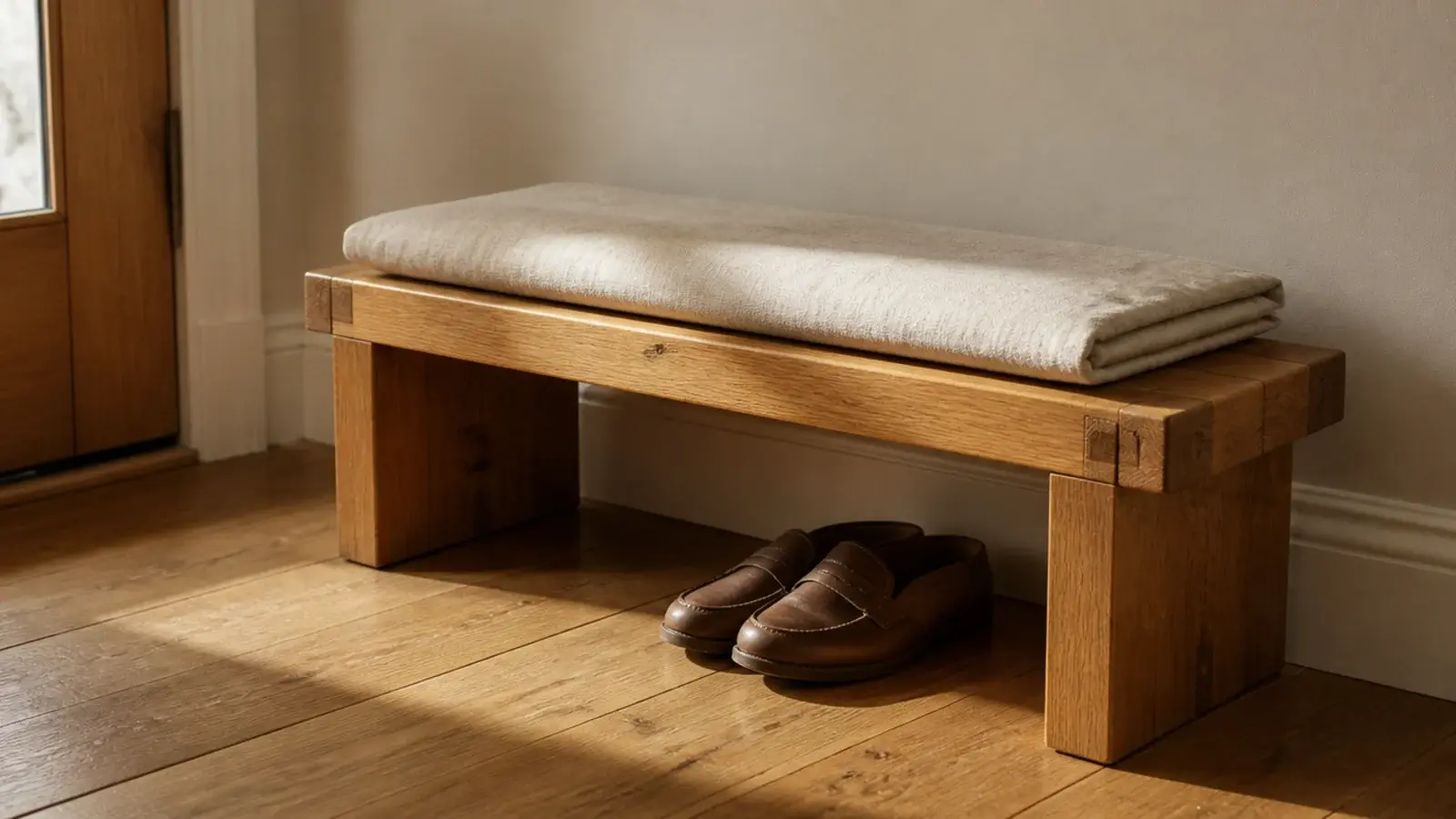 low oak entryway bench at seat height with a linen cushion