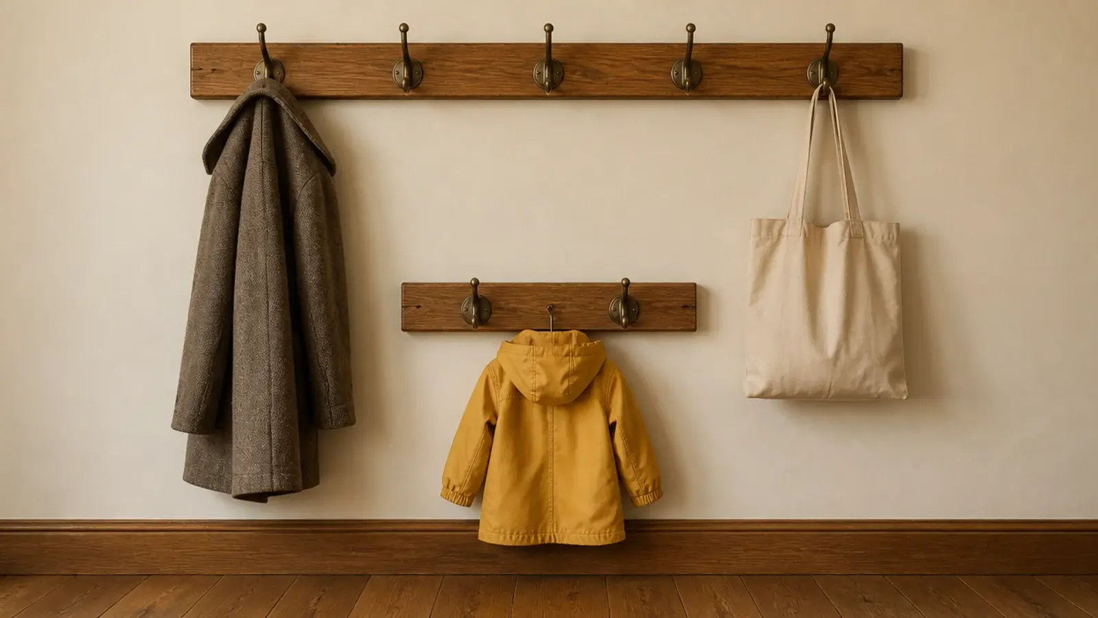 two rows of entryway coat hooks mounted at adult and child height