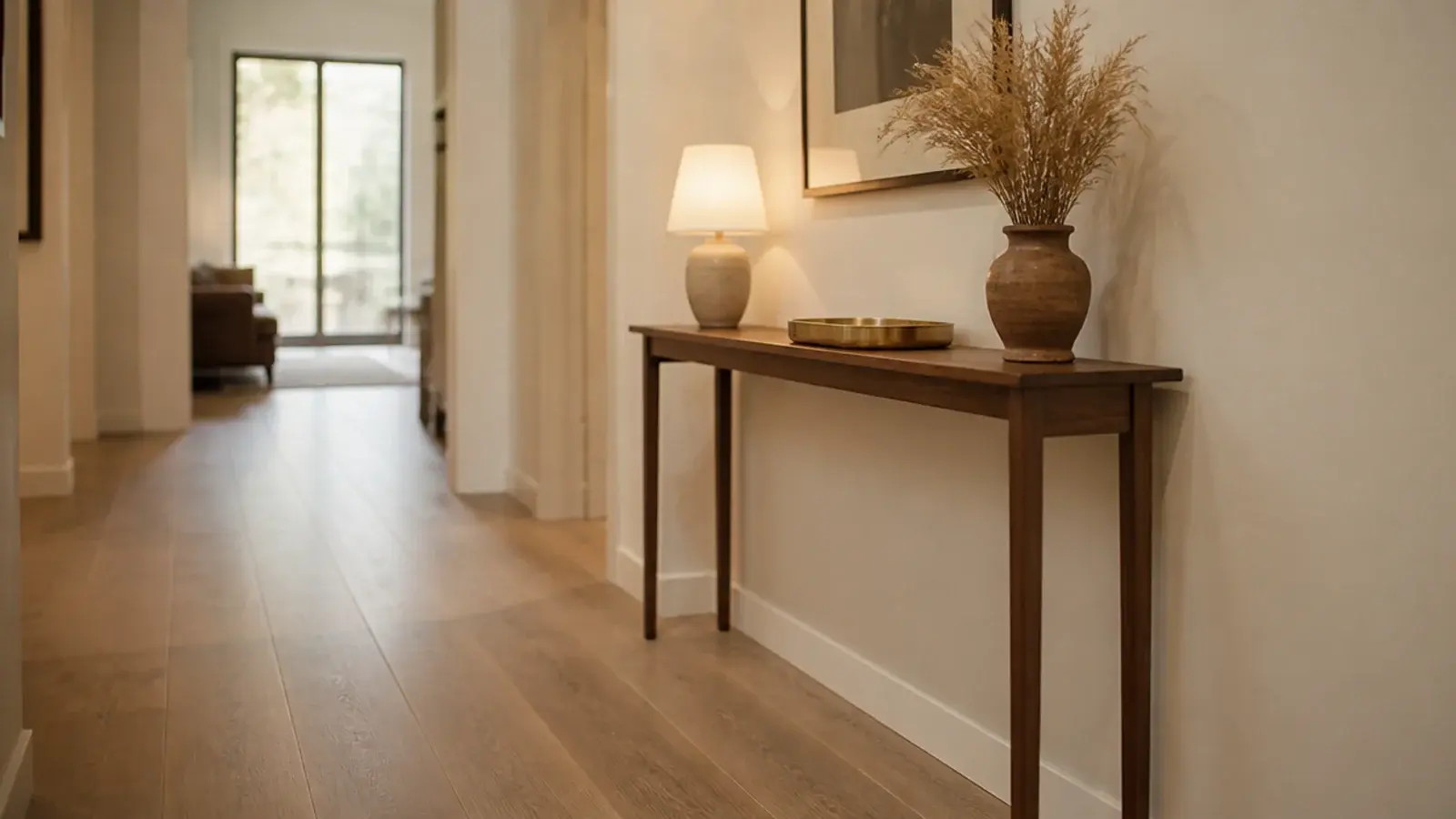 slim walnut entryway console table against a hallway wall