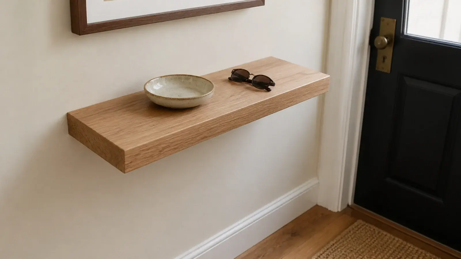 floating oak ledge mounted in a tight entryway with no legs