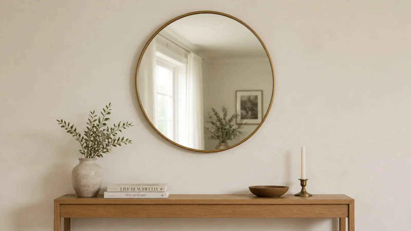 round brass entryway mirror hung above a slim console table