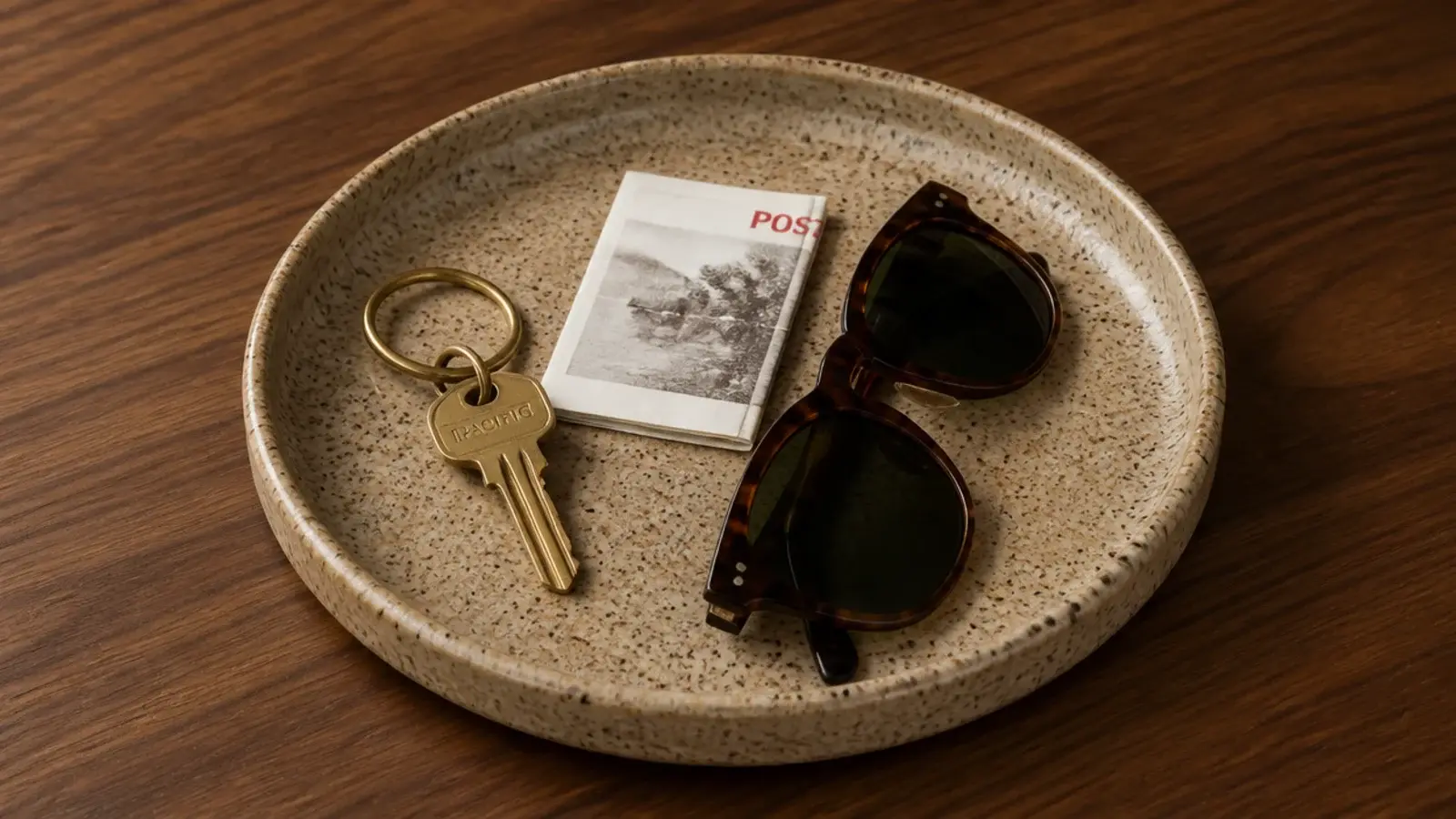 single stoneware tray on an entryway table holding keys and post