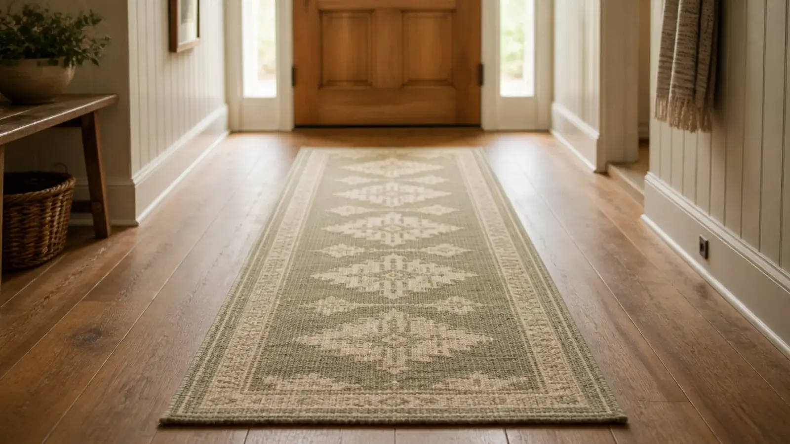 flat weave washable runner laid along an entryway floor by the door