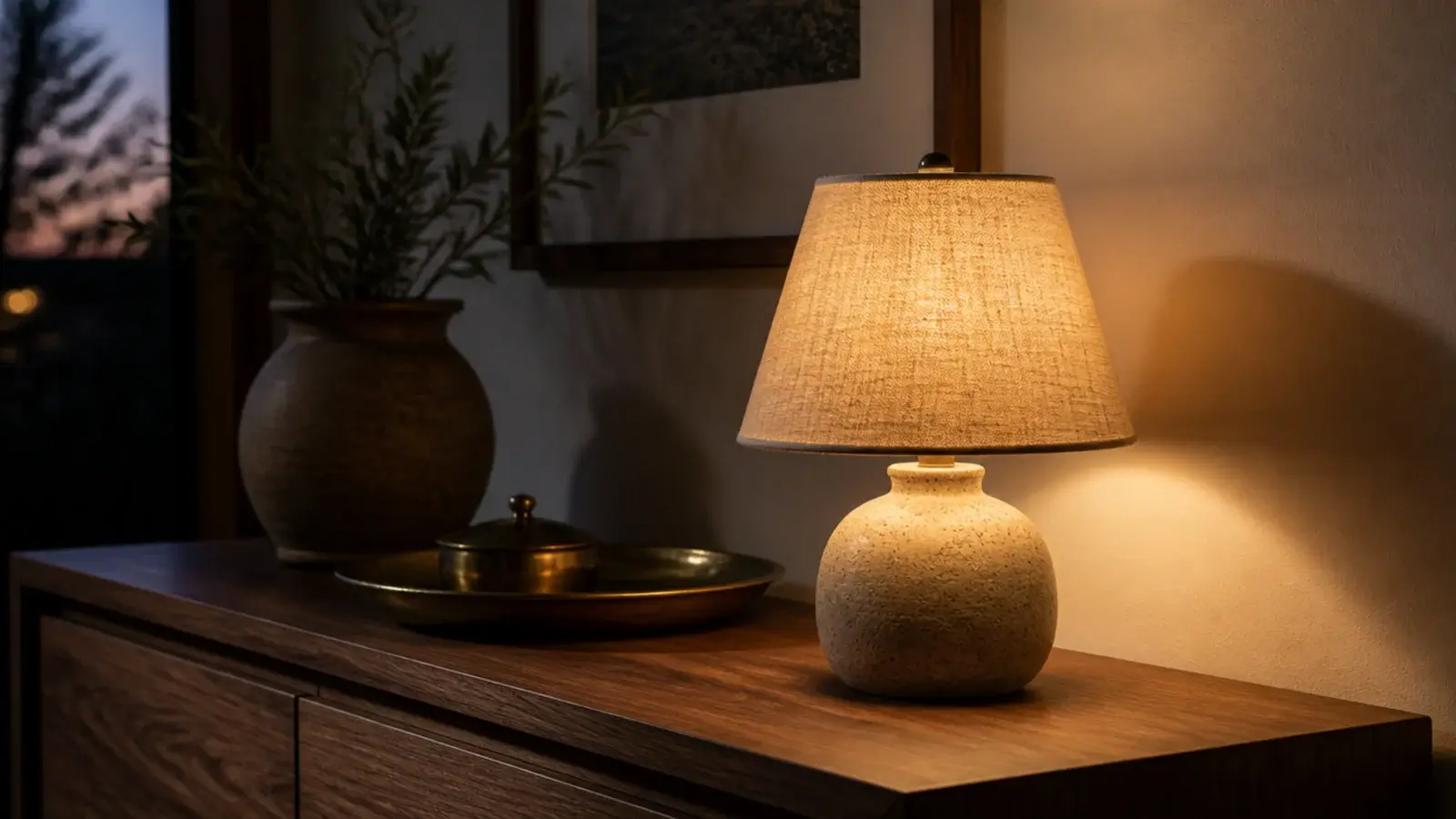 small ceramic lamp glowing on an entryway console after dark