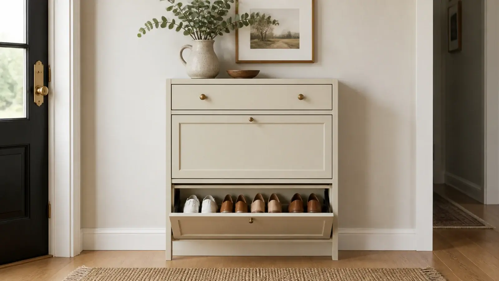 slim tilt out shoe cabinet in an entryway with one drawer open