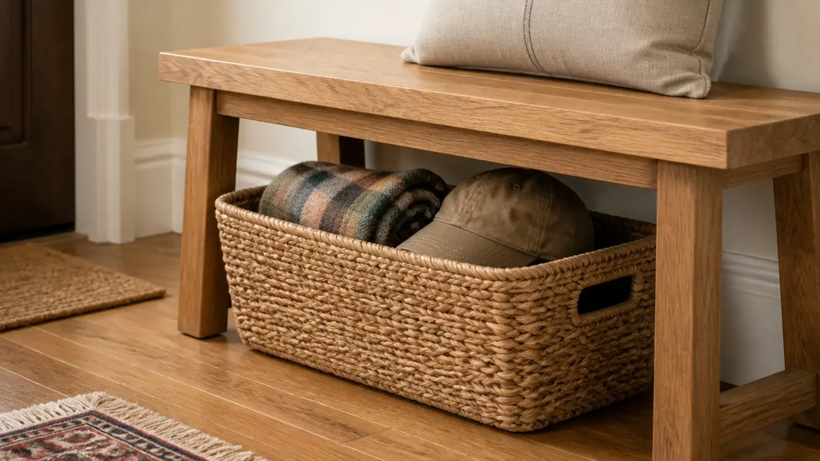woven seagrass basket tucked under an entryway bench holding scarves