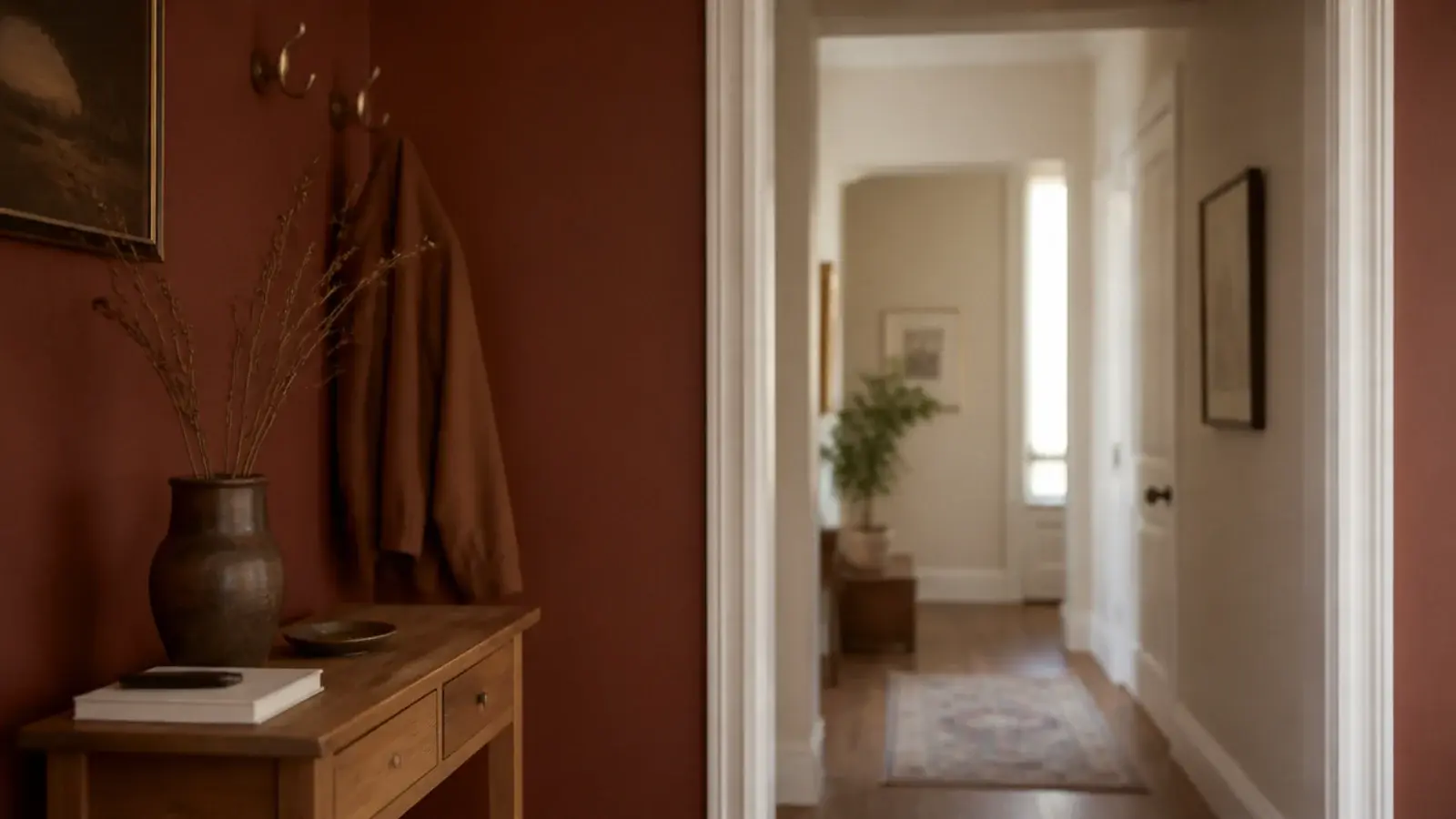 entryway walls painted deeper than the brighter hallway beyond