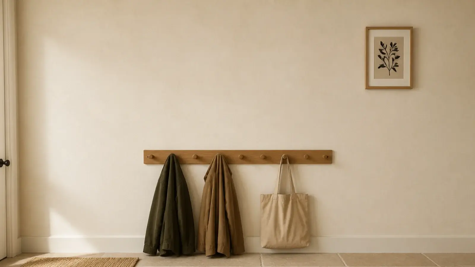 bare wall left empty above a loaded entryway coat hook rail