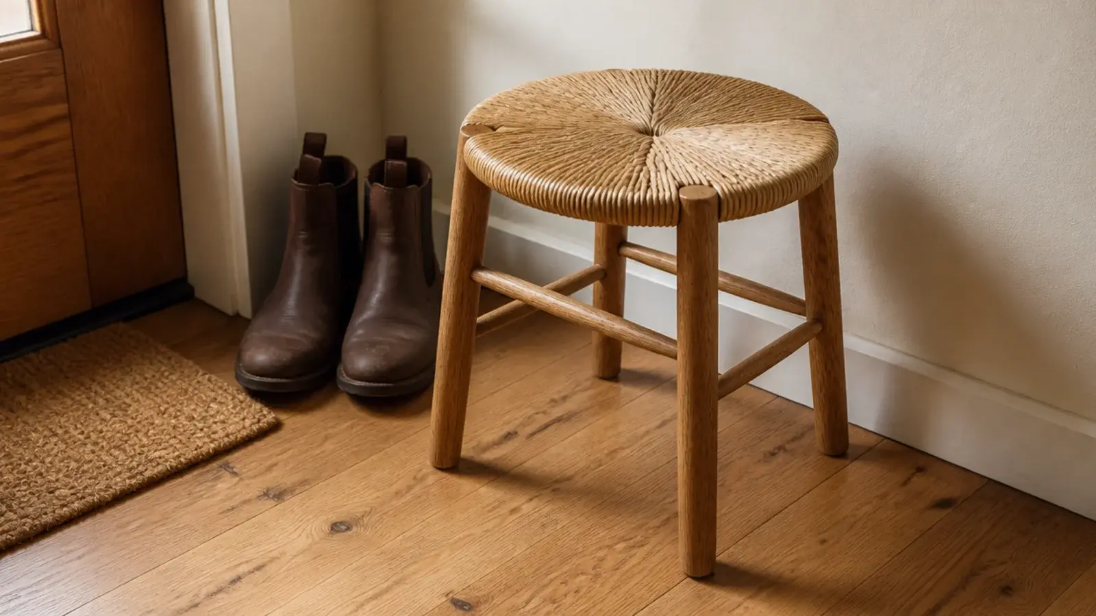 small round woven stool tucked into a narrow entryway corner